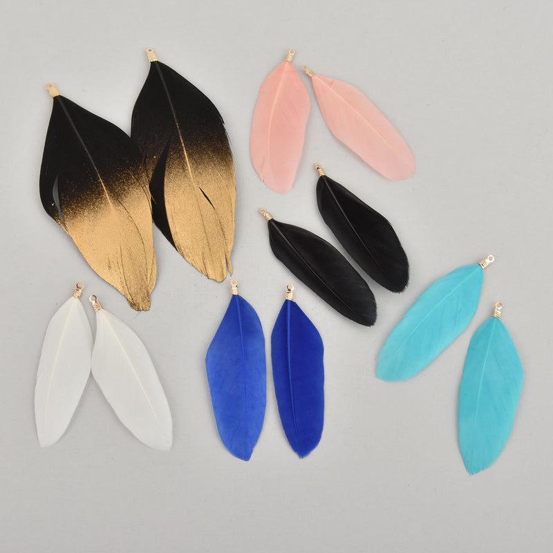 12 BRIGHT FEATHERS Charm Collection, dyed goose feathers, blue black pink white gold, 12 charms 6 styles chs6055