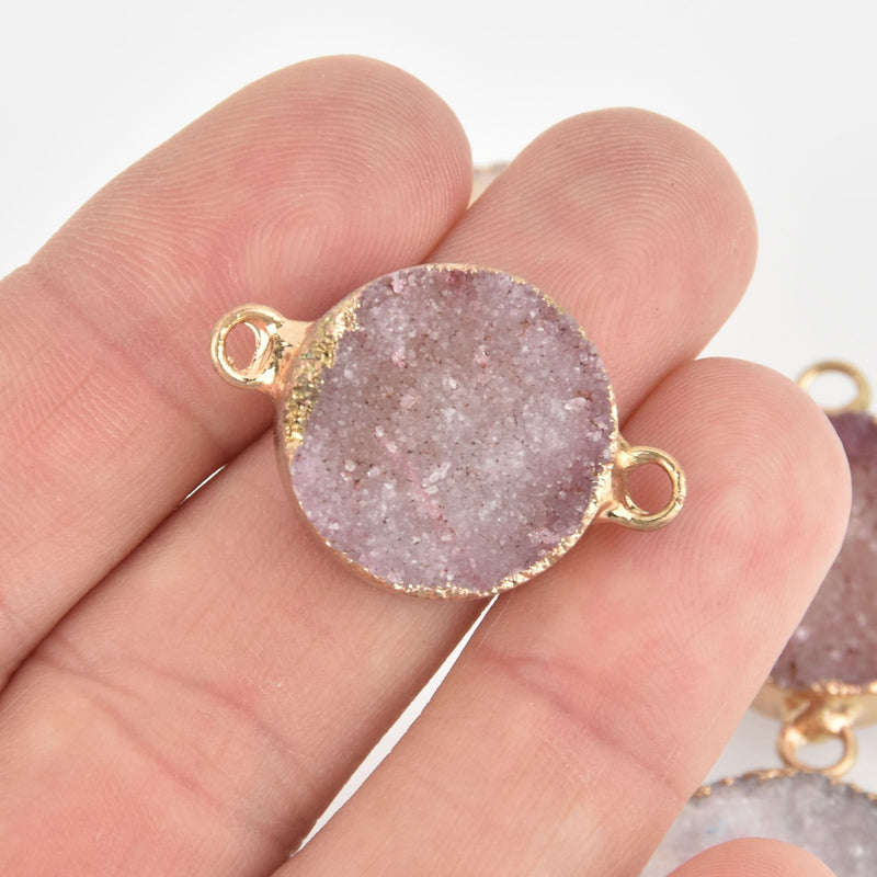 Blush Pink Druzy Gemstone Charms Connector Links, raw druzy, Round Gold Plated Bezel, 3/4" diameter, chs6064