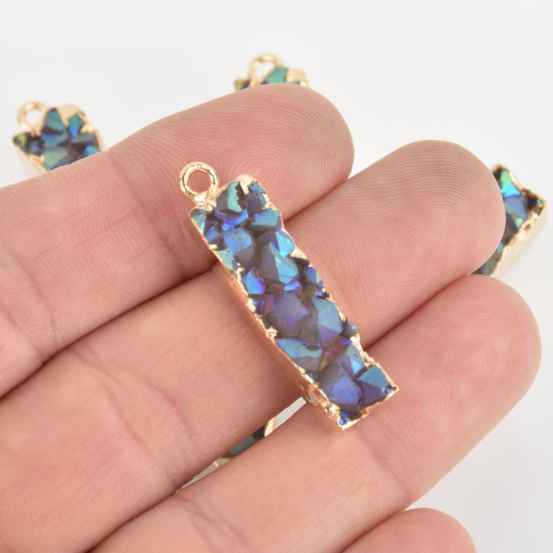 2 Resin Faux Druzy Charms Rectangle Bar Pendants, Blue Iridescent with gold plating chs6066