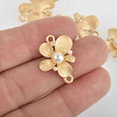 5 Matte Gold Flower Charms, Faux Pearl Connector Links, 25mm chs6068