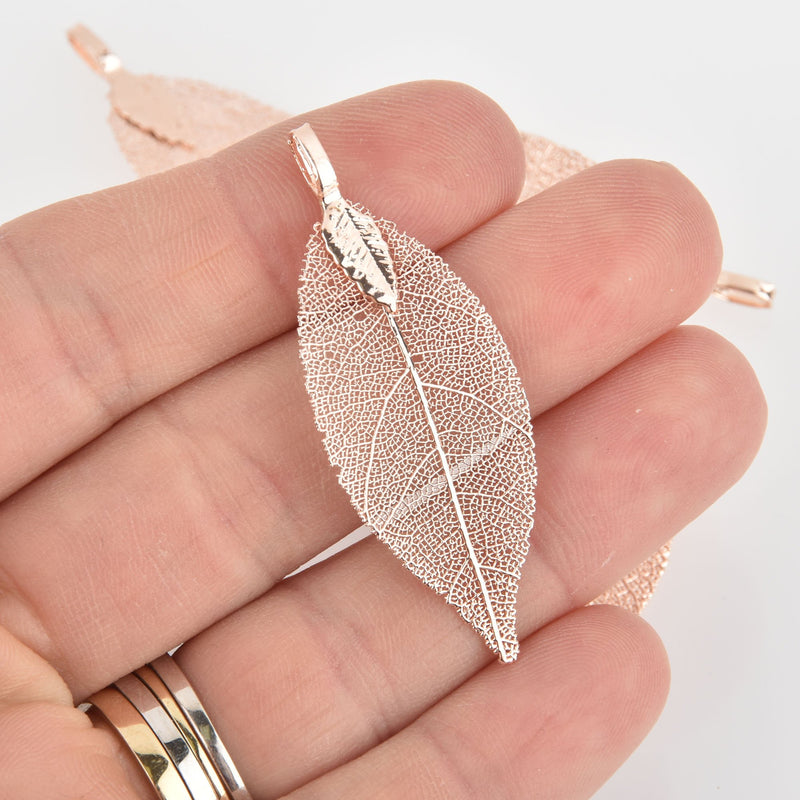 2 Real Leaf Charms ROSE GOLD 2" long chs6069