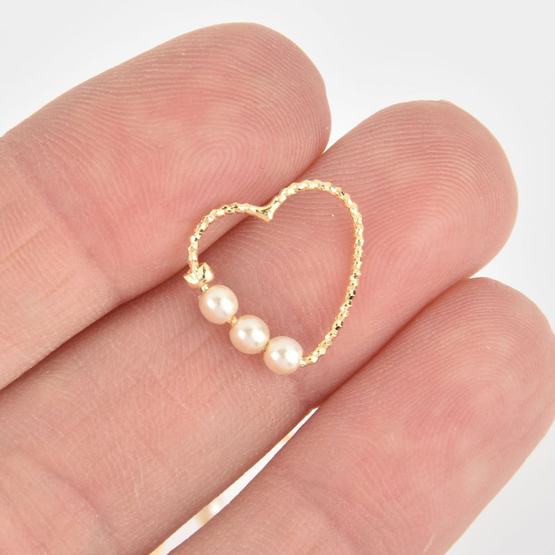 4 Gold Filled Heart Charms, White Faux Pearls, 15mm chs6072