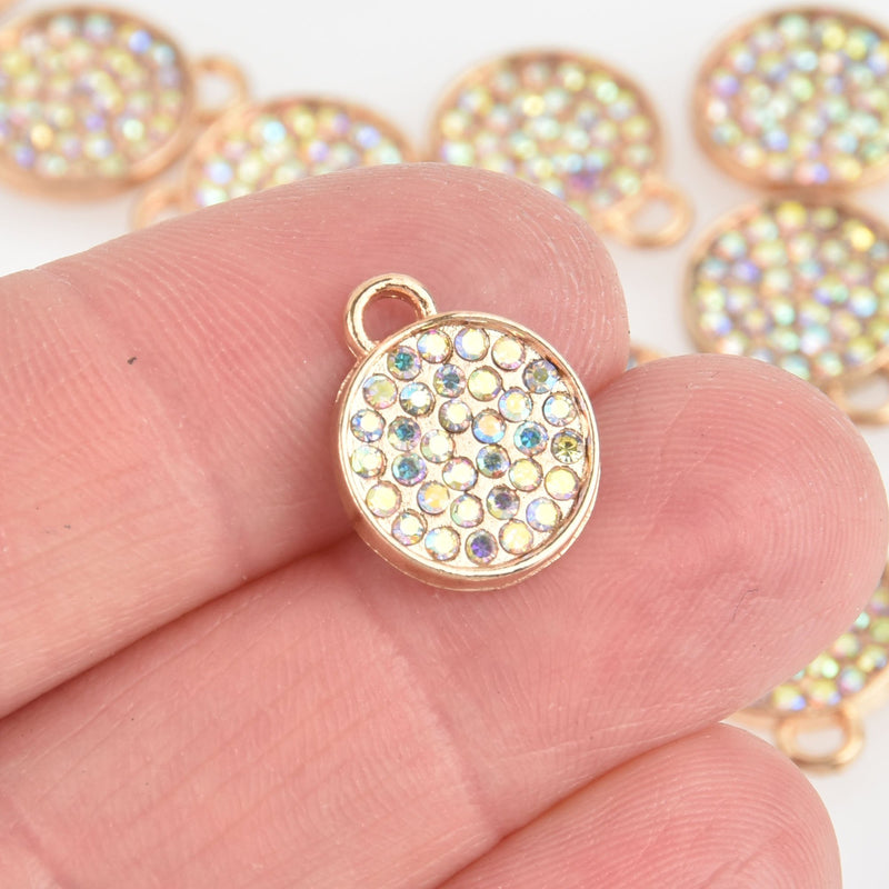 4 Gold Rhinestone Drop Charms 12mm round coin AB pave rhinestones chs6076