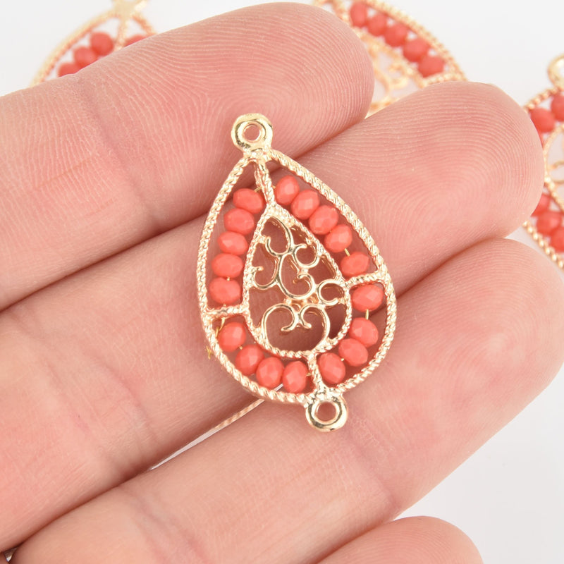 2 Gold Teardrop Filigree Charms, Coral Red Crystal Beads, Connector Link, 1.25" long, chs6078