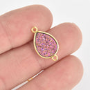 2 PINK Druzy Quartz Gemstone Charms GOLD TEARDROP filigree connector link 20mm chs6081