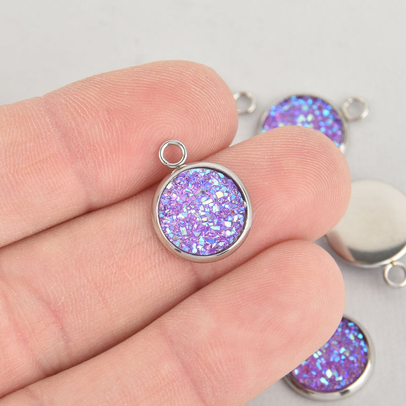 10 Purple Faux Druzy Charms, Stainless Steel Bezel, Resin Druzy 18x14mm, chs6082