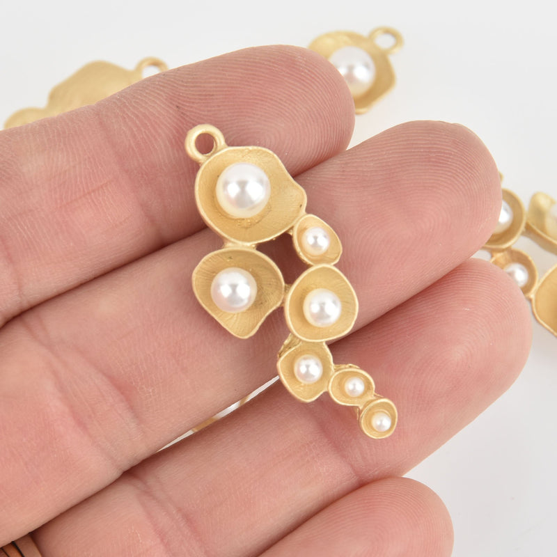 5 Matte Gold Flower Charms, Faux Pearl Connector Links, 38mm chs6083