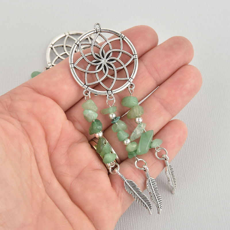 1 Silver Gemstone Dream Catcher Charm, Green Aventurine Feather Pendant, 4" long chs6085