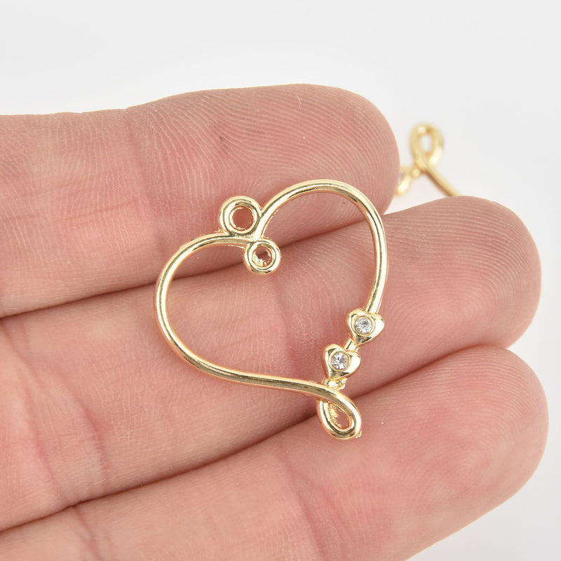 5 Gold Heart Charms, Crystal Connector Links, 25mm chs6088
