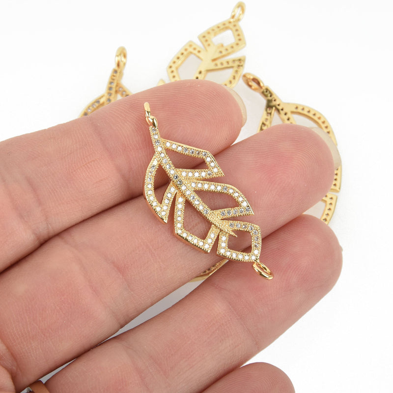 Gold Leaf Micro Pave Charms, CZ stones, connector link 1.5", chs6089