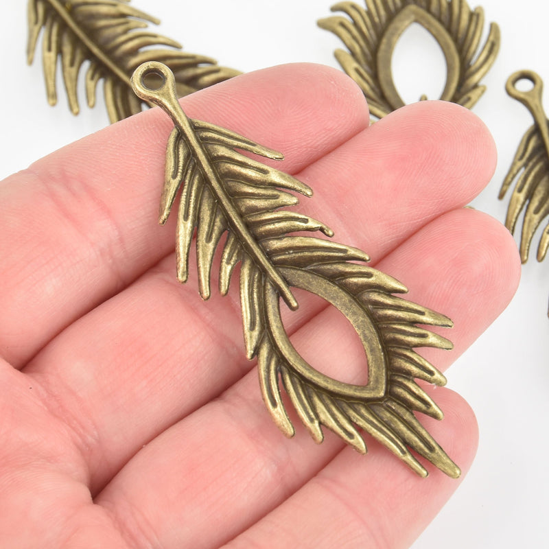 5 Bronze Feather Charms, 2-3/4" chs6094