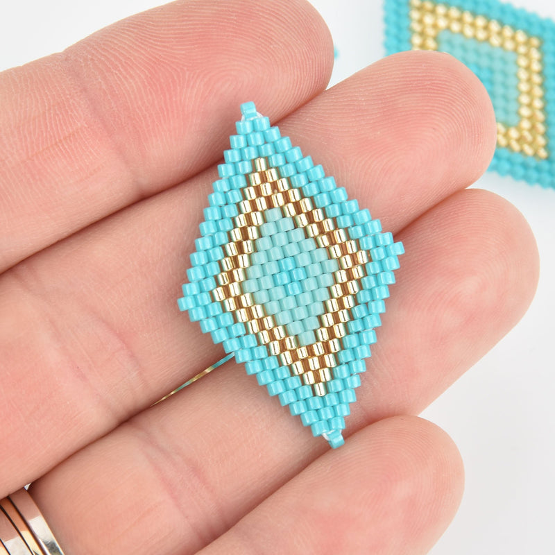 1 Beaded Diamond Charm, Turquoise Blue and Gold Miyuki Delica Seed Beads, 36mm chs6095