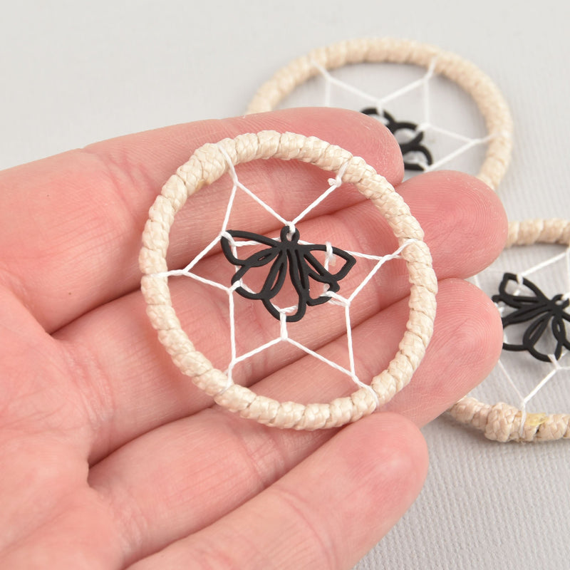 2 Dream Catcher Charms Cream with white and black thread, 43mm chs6098