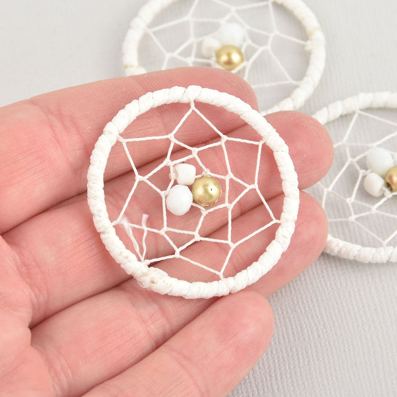 2 Dream Catcher Charms White with gold beads, 43mm chs6104