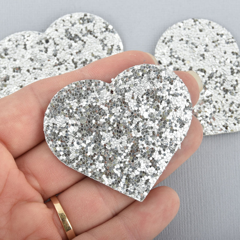 10 Faux Leather Silver Glitter Heart Charms 1-7/8" chs6108