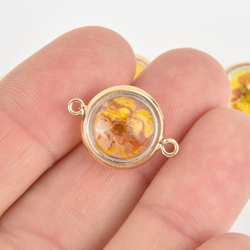 2 Glass Dried Flower Globe charms Yellow real flowers Gold Connector link 15mm chs6111