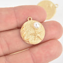 5 Matte Gold Beach Charms, Faux Pearl, Starfish, Waves, 22mm chs6113