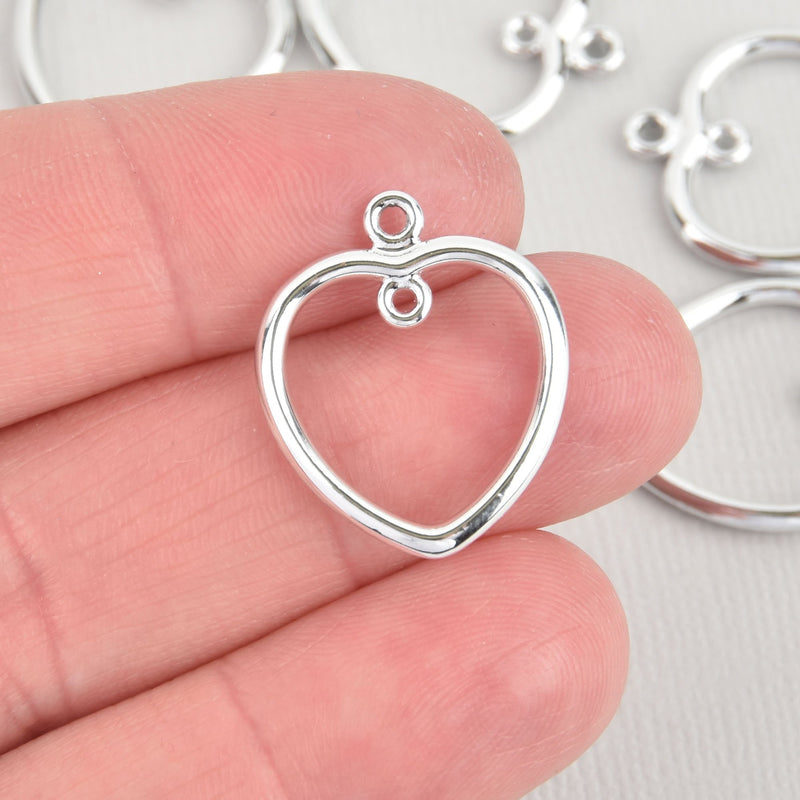 5 Silver HEART Charms, 2-Hole Connector Links, Open Wire Heart Charms, 21mm, chs6116
