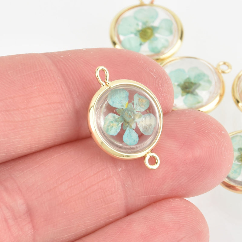 2 Glass Dried Flower Globe charms Blue real flowers Gold Connector link 15mm chs6117