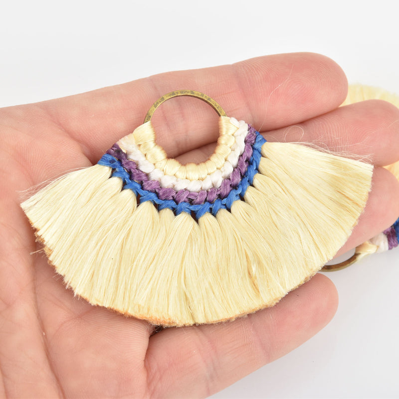 2 Large Fan Tassel Charms Bronze Circle Ring with Pale Yellow Silk Fringe 80x57mm chs6118