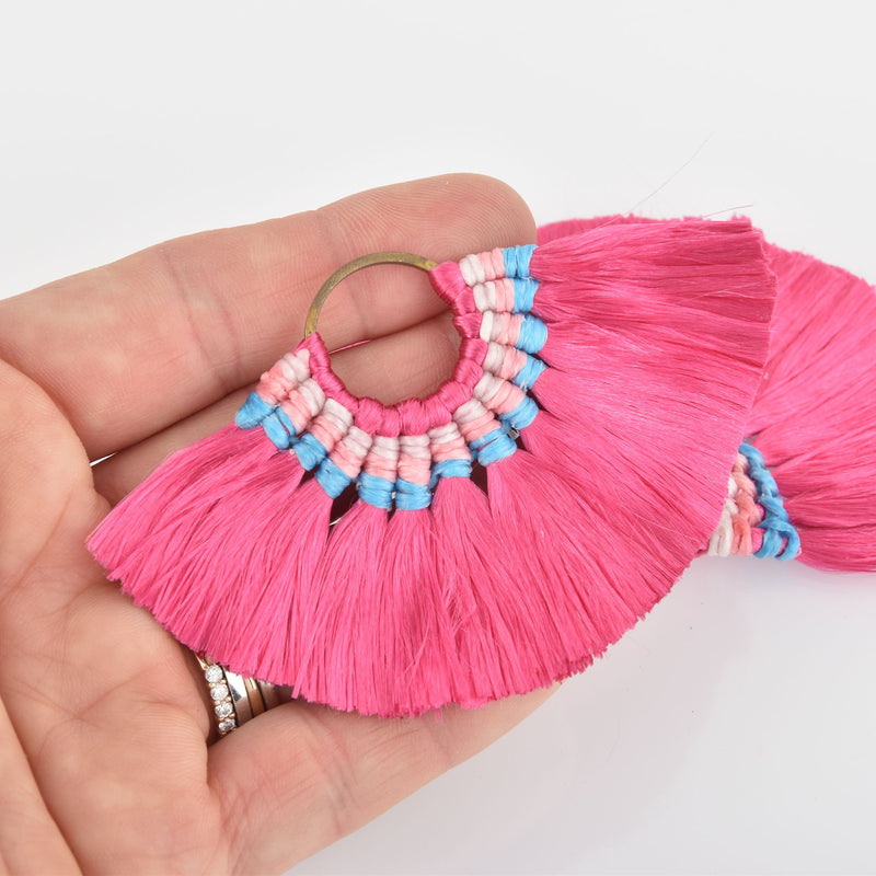 2 Large Fan Tassel Charms Brass Circle Ring with Pink Fringe 80x57mm chs6119