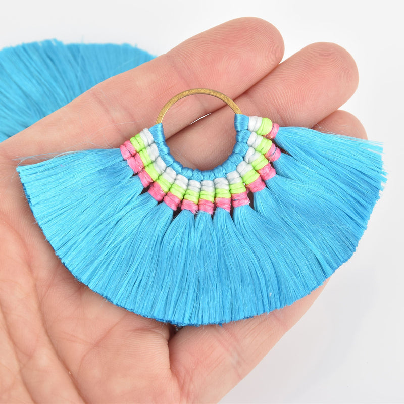 2 Large Fan Tassel Charms Brass Circle Ring with Blue Fringe 80x57mm chs6120