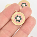 5 Pink Black Enamel Flower Charms Matte Gold chs6121