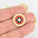 5 Red Black Enamel Flower Charms Matte Gold chs6122