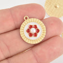5 Red White Enamel Flower Charms Matte Gold chs6123