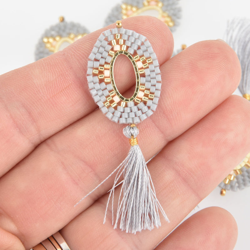 Beaded Oval Tassel Charm Connector with Miyuki Delica Seed Beads, 2", chs6141