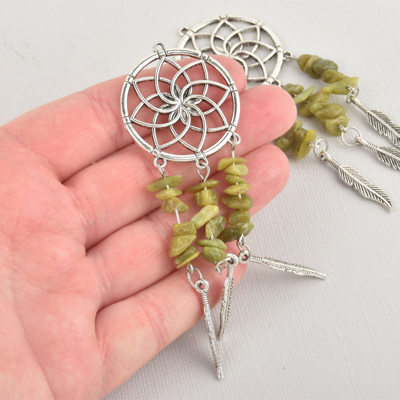 1 Silver Gemstone Dream Catcher Charm, Yellow Jasper Feather Pendant, 4" long chs6151