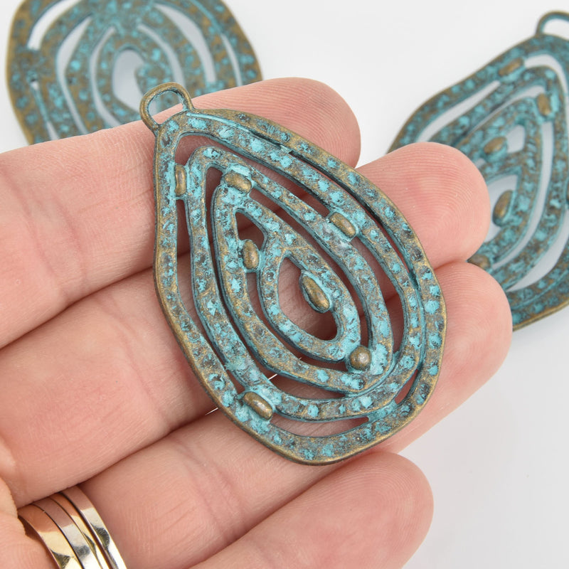 2 Bronze Blue Patina Teardrop Swirl Charms, 2" long, chs6167