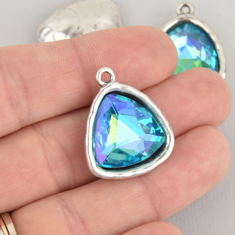 Blue Iridescent Rhinestone Drop Charm, Triangle Crystal Glass in Silver Tone Bezel, 27x23mm, chs6168