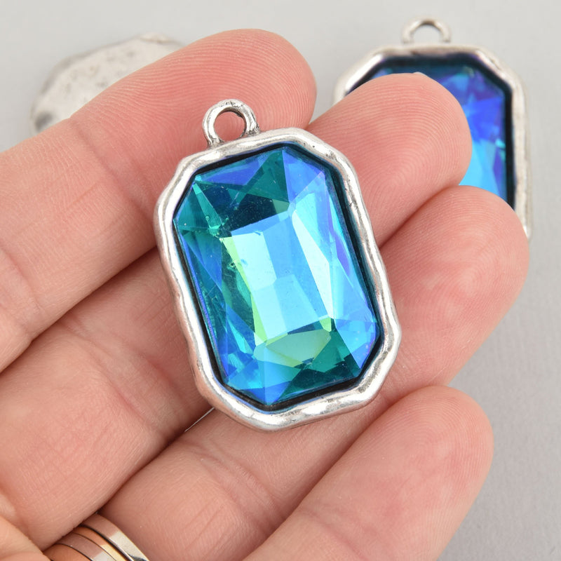 Blue Iridescent Rhinestone Drop Charm, Rectangle Octagon Crystal Glass in Silver Tone Bezel, 37x23mm, chs6169