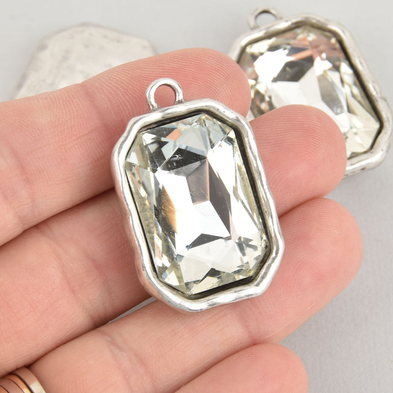 Clear Rhinestone Drop Charm, Rectangle Octagon Crystal Glass in Silver Tone Bezel, 37x23mm, chs6170