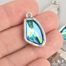 Blue Iridescent Rhinestone Drop Charm, Wing Crystal Glass in Silver Tone Bezel, 26x15mm, chs6174