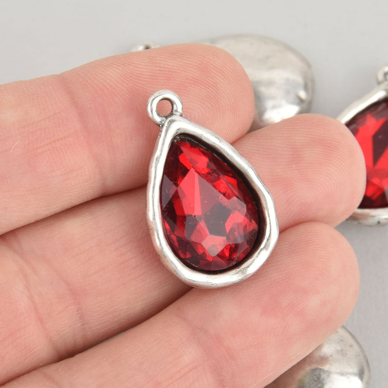 Red Rhinestone Drop Charm, Teardrop Crystal Glass in Silver Tone Bezel, 27x17mm, chs6178
