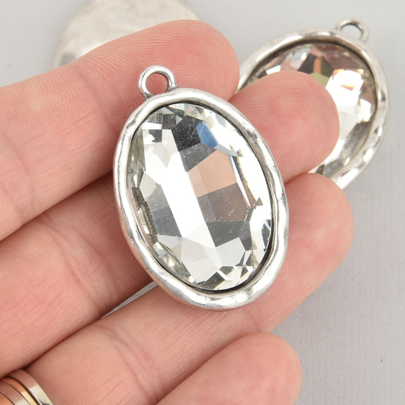Clear Rhinestone Drop Charm, Oval Crystal Glass in Silver Tone Bezel, 39x26mm, chs6180