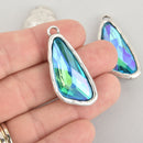 Blue Iridescent Rhinestone Drop Charm, Wing Crystal Glass in Silver Tone Bezel, 41x19mm, chs6185