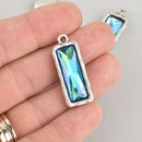 Blue Iridescent Rhinestone Drop Charm, Rectangle Bar Crystal Glass in Silver Tone Bezel, 32x12mm, chs6186