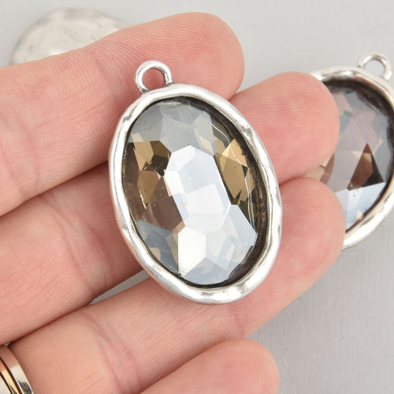 Smoke Rhinestone Drop Charm, Oval Crystal Glass in Silver Tone Bezel, 39x26mm, chs6189
