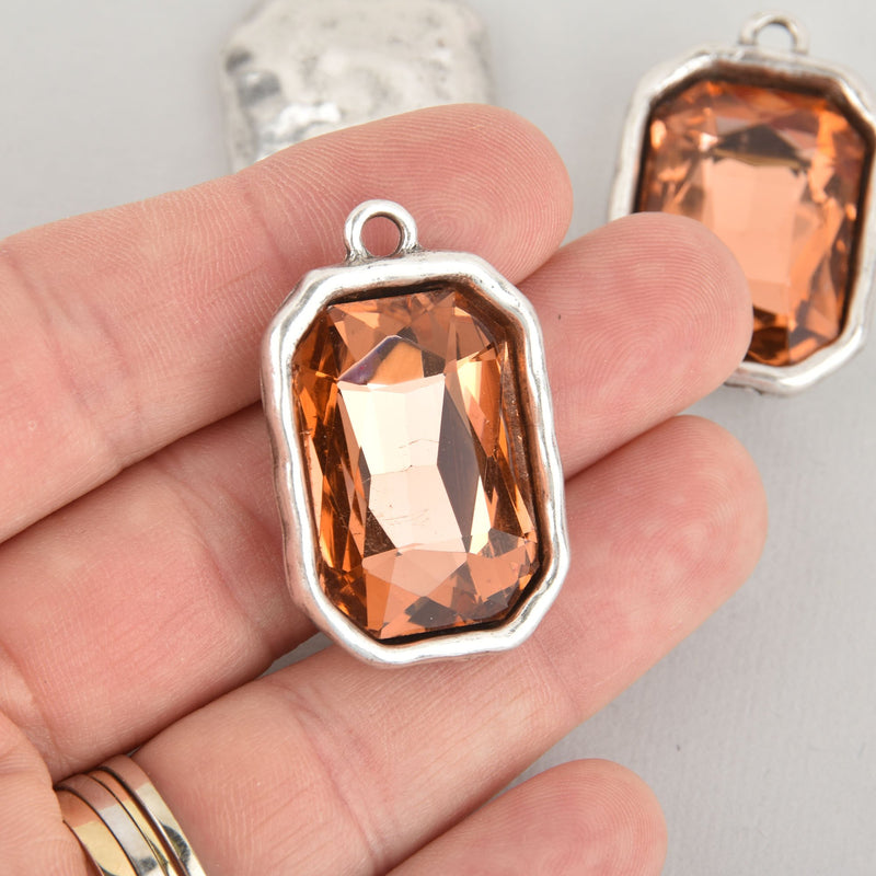 Pink Blush Rhinestone Drop Charm, Rectangle Octagon Crystal Glass in Silver Tone Bezel, 37x23mm, chs6194