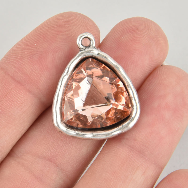 Pink Blush Rhinestone Drop Charm, Triangle Crystal Glass in Silver Tone Bezel, 27x23mm, chs6198