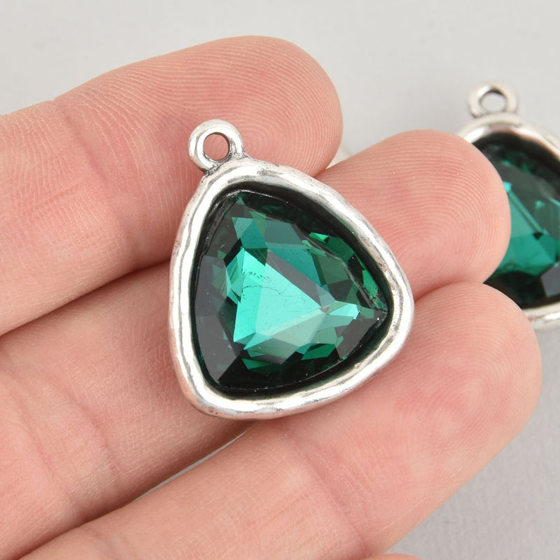 Green Rhinestone Drop Charm, Triangle Crystal Glass in Silver Tone Bezel, 27x23mm, chs6199