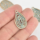 5 Gold Teardrop Swirl Charms with Blue Verdigris Patina, 28mm long, chs6212