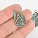 5 Bronze Teardrop Swirl Charms with Blue Verdigris Patina, 28mm long, chs6235