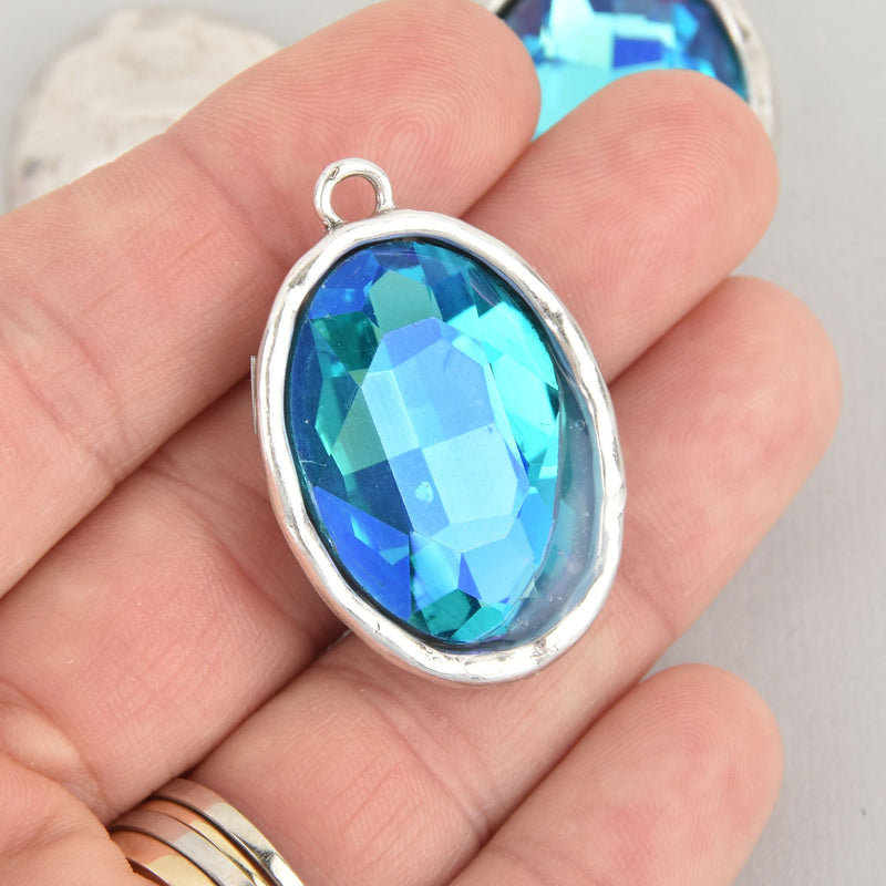 Blue Iridescent Rhinestone Drop Charm, Oval Crystal Glass in Silver Tone Bezel, 39x26mm, chs6238