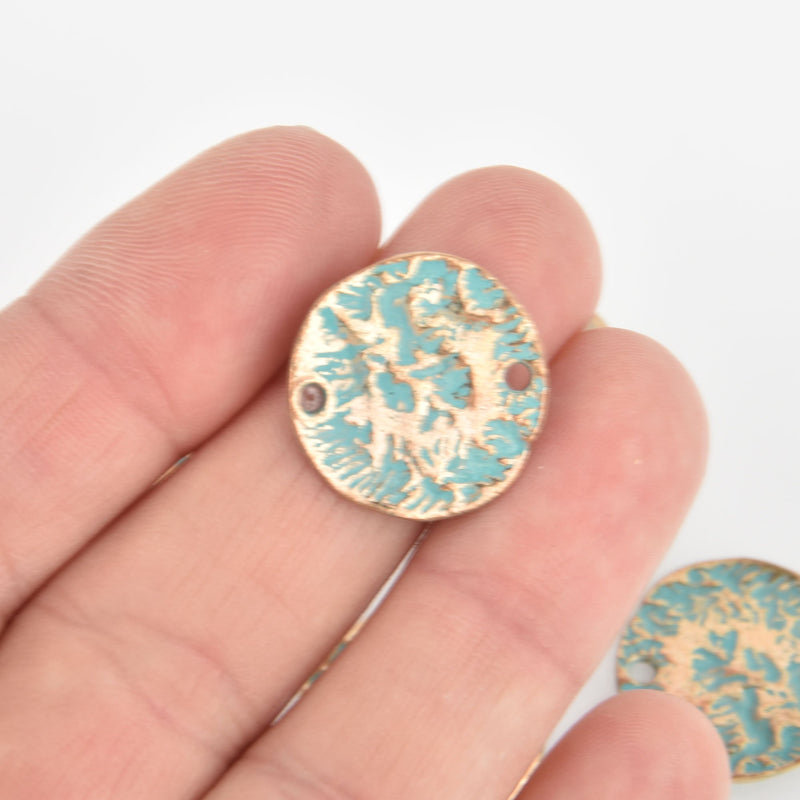 5 Gold Patina Hammered Coin Charms, Blue Green Verdigris, Connector Links, 20mm, chs6246