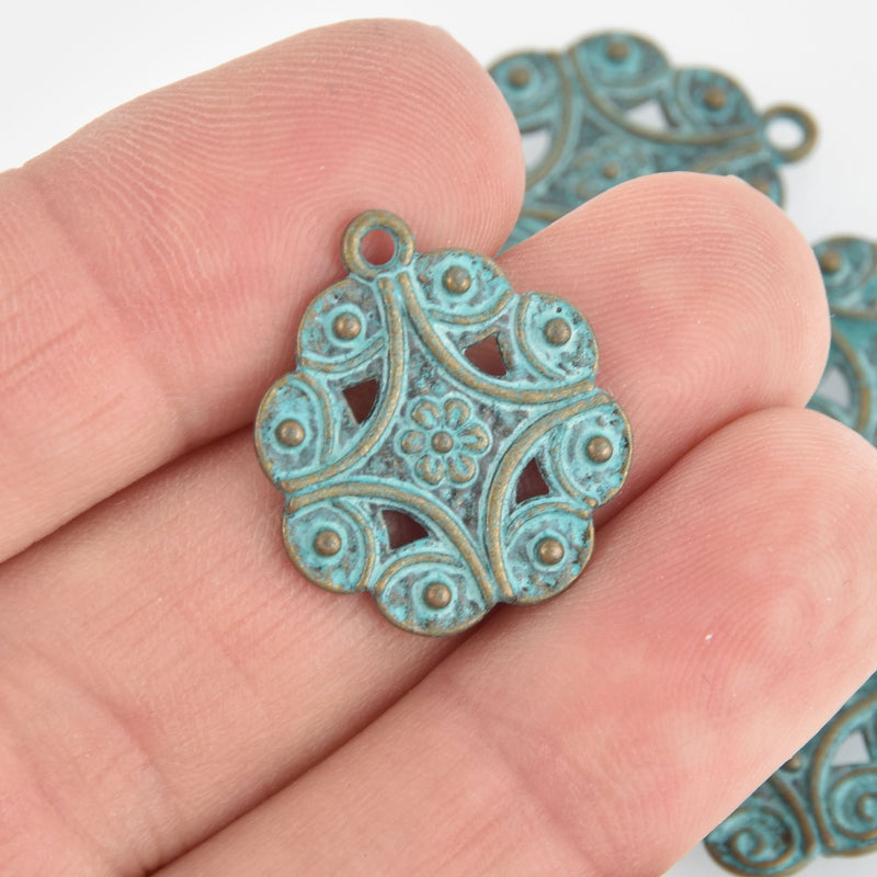 5 Bronze Patina MANDALA Charms, blue green verdigris, 20mm, chs6256