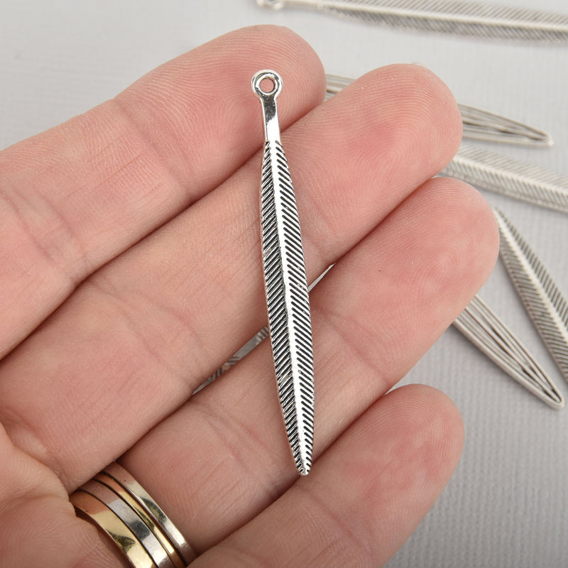 5 Silver Feather Stick Charms, Leaf Charms, 2" long, chs6265